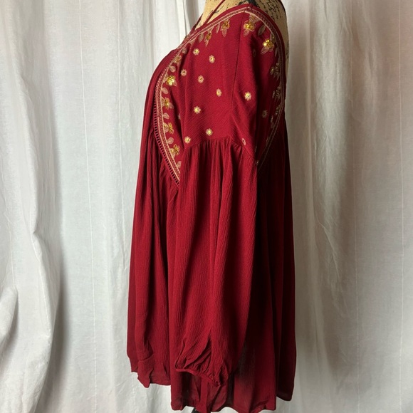 NWT Altar’d State Burgundy Boho Mini Peasant Dress Metallic Embroidery Size S - Picture 3 of 8